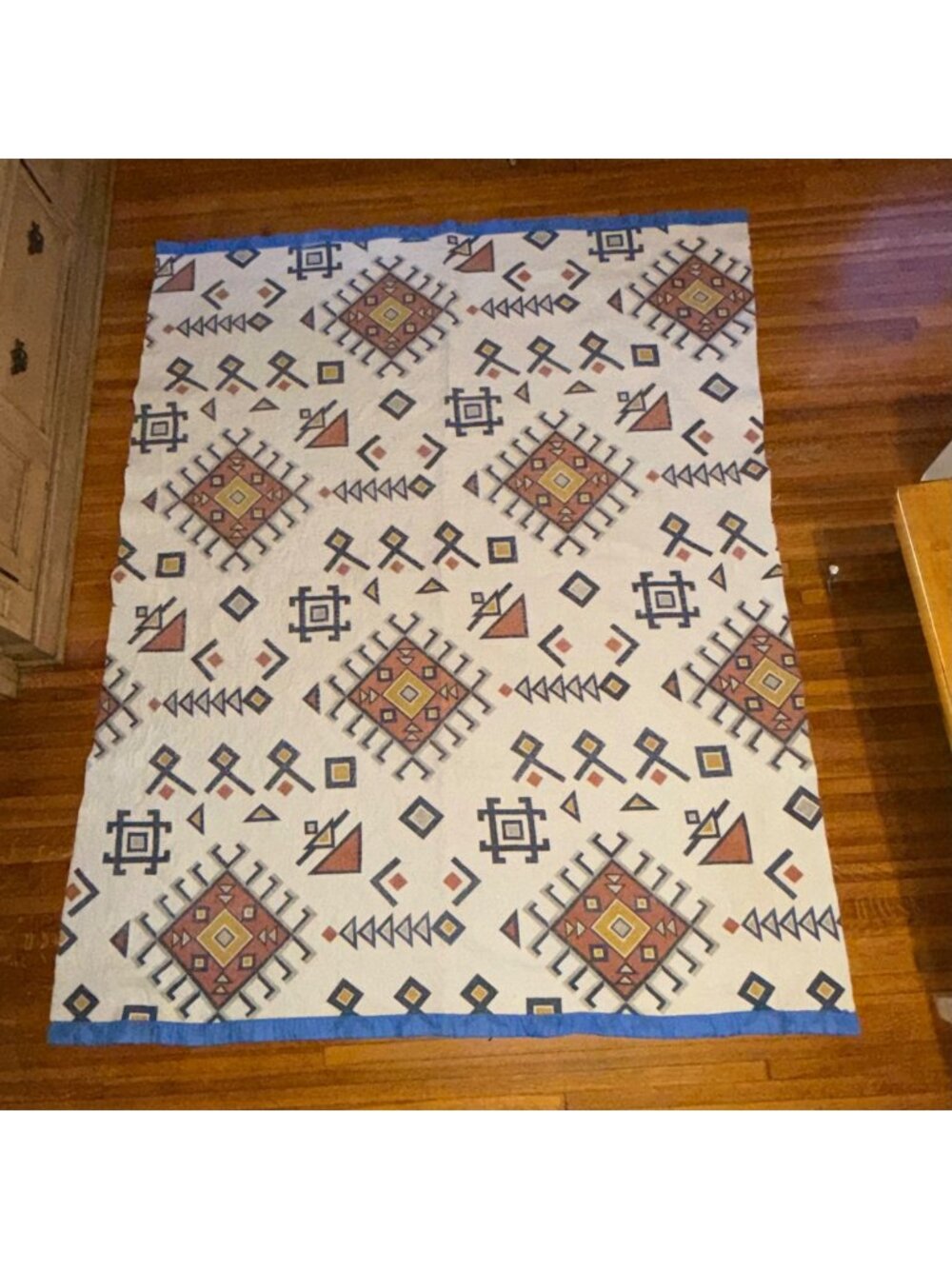 Vintage 1980s Southwestern Aztec Pressed Fleece Blanket with Blue Satin Trim